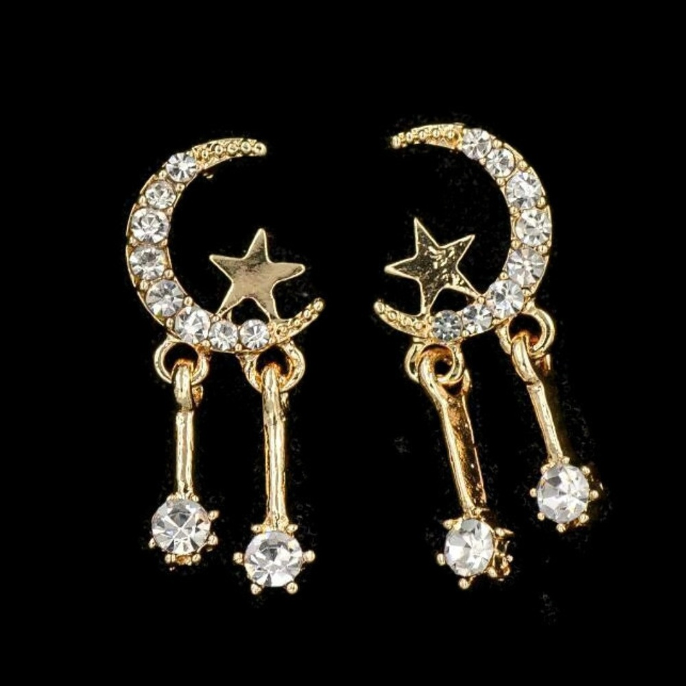 Dainty Moon Star Dangle Rhinestone Earrings NWT